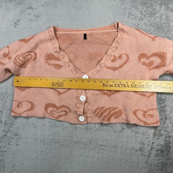 Y2K Pink Cropped Heart Cardigan Sweater Oversized Small Coquette Girlcore Cute - Picture 6 of 7